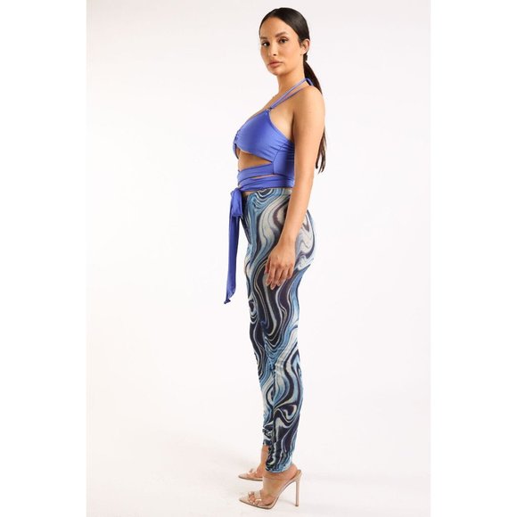 Women's Strappy Top and Print Mesh Leggings Set O Ring 2 Piece Outfits Clubwear - Picture 9 of 11